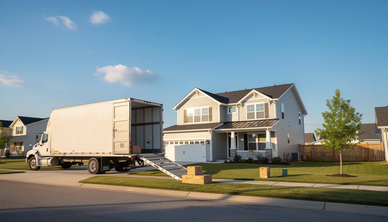 The image shows a moving truck parked in front of a suburban home on a bright, sunny day, suggesting a family is relocating. This scene captures the essence of change and new beginnings, often associated with financial planning and retirement savings, such as contributions to a Roth IRA or traditional 401(k).