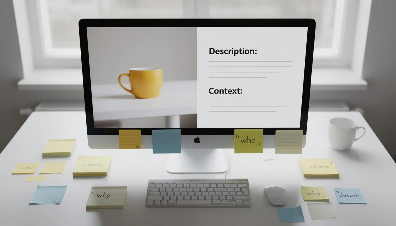 The image showcases a web developer optimizing images for a blog post, focusing on image quality and SEO best practices. It highlights the importance of adding descriptive alt text and using standard HTML image elements to enhance search engine visibility and improve user experience.