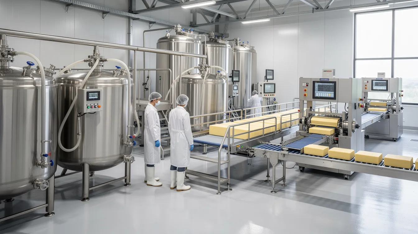 caf9c1f4 c424 4db0 a687 9eab1b02b8b3 The image depicts a modern cheese manufacturing facility featuring large stainless steel vats and advanced processing equipment within an industrial setting. This cheese manufacturing plant is designed to optimize production efficiency, highlighting the machinery and technology requirements essential for meeting the demands of the global cheese market.