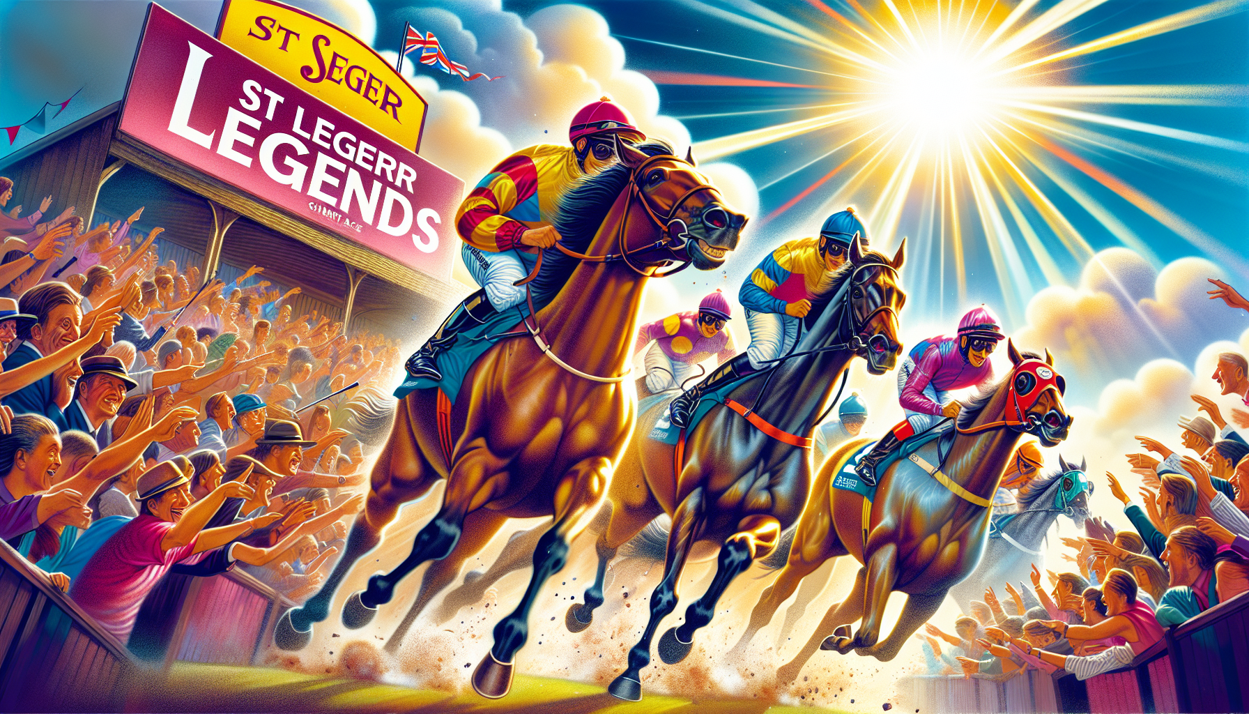 An illustration of the St Leger Legends Charity Race, featuring jockeys in colorful outfits.