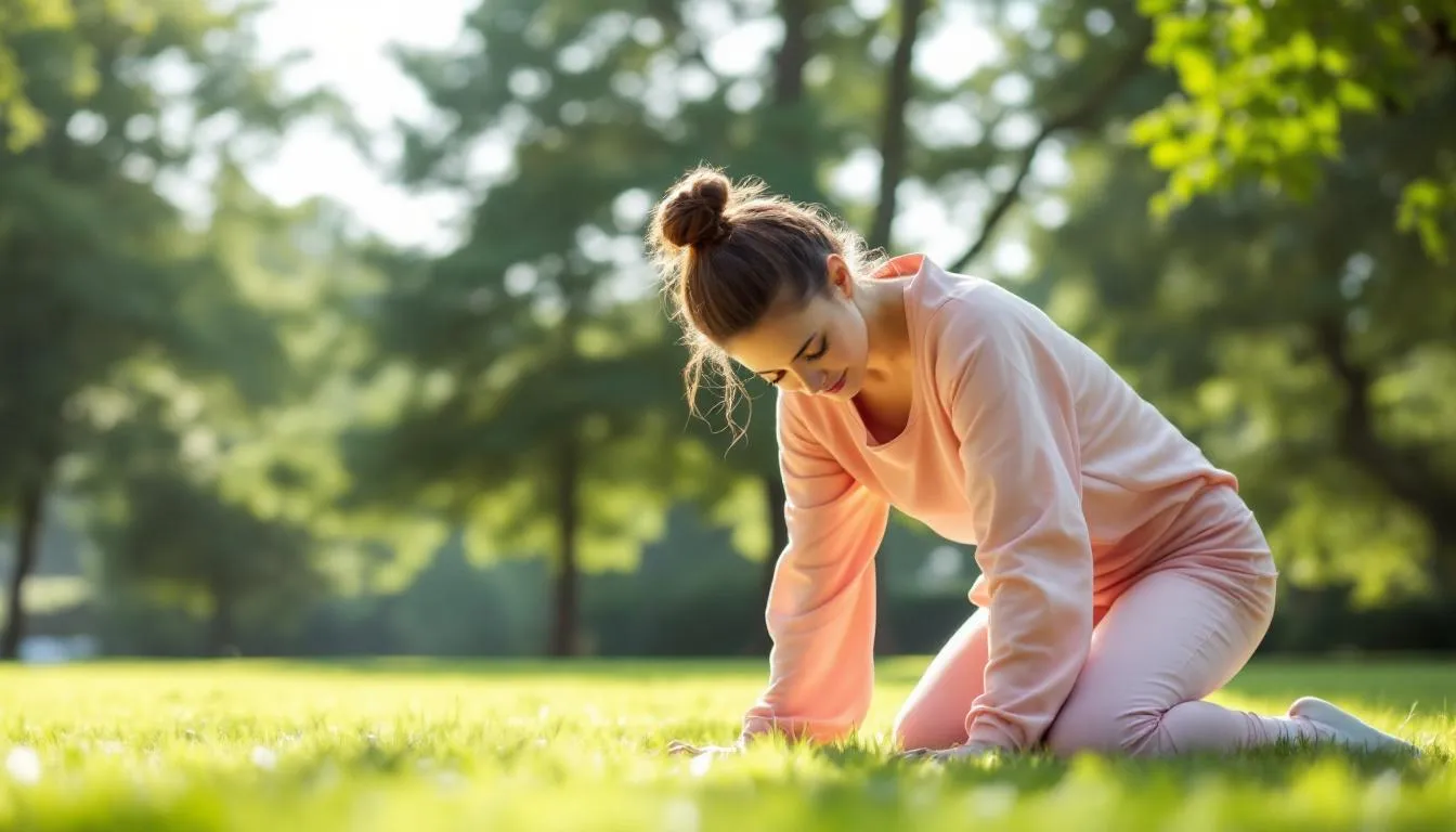 A person is practicing gentle yoga stretches in a serene outdoor environment, promoting joint health and flexibility. This peaceful setting encourages relaxation and supports an active lifestyle, which is beneficial for relieving joint pain and enhancing overall well-being.