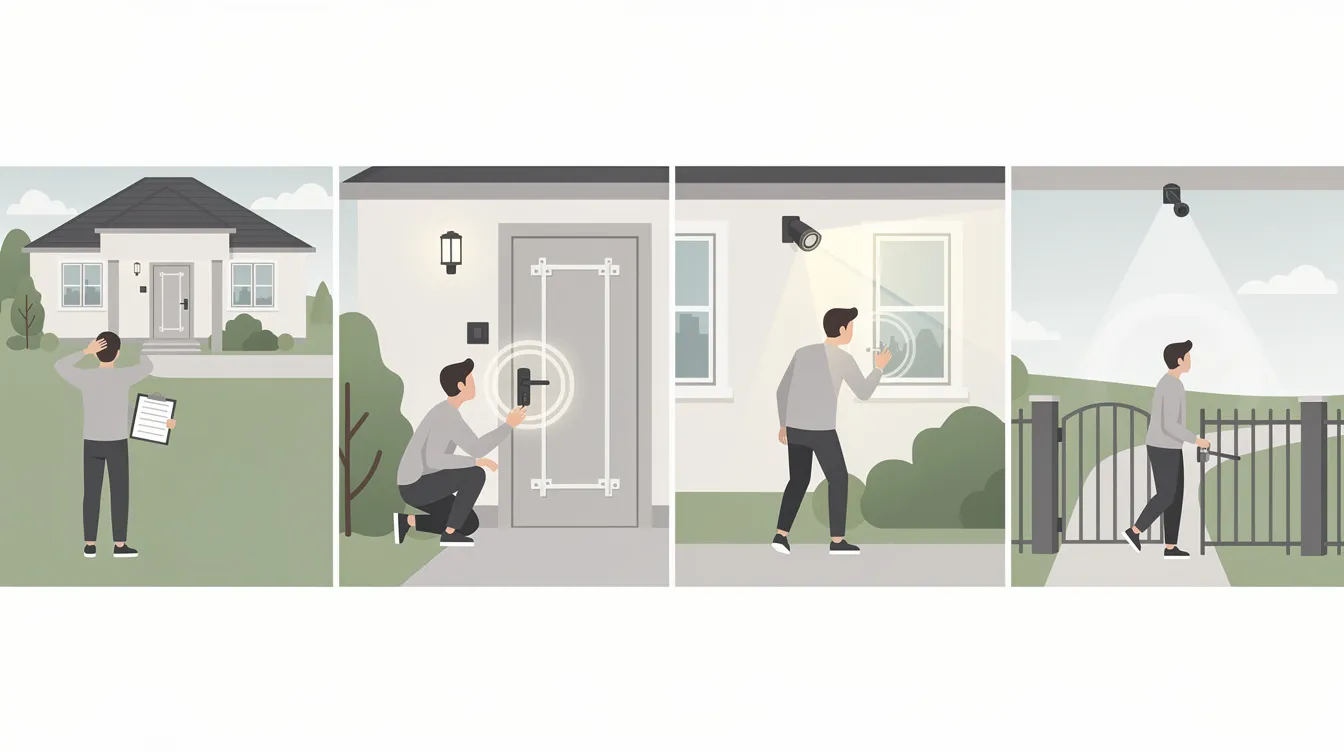 A person inspecting the exterior of a house for home security audit.