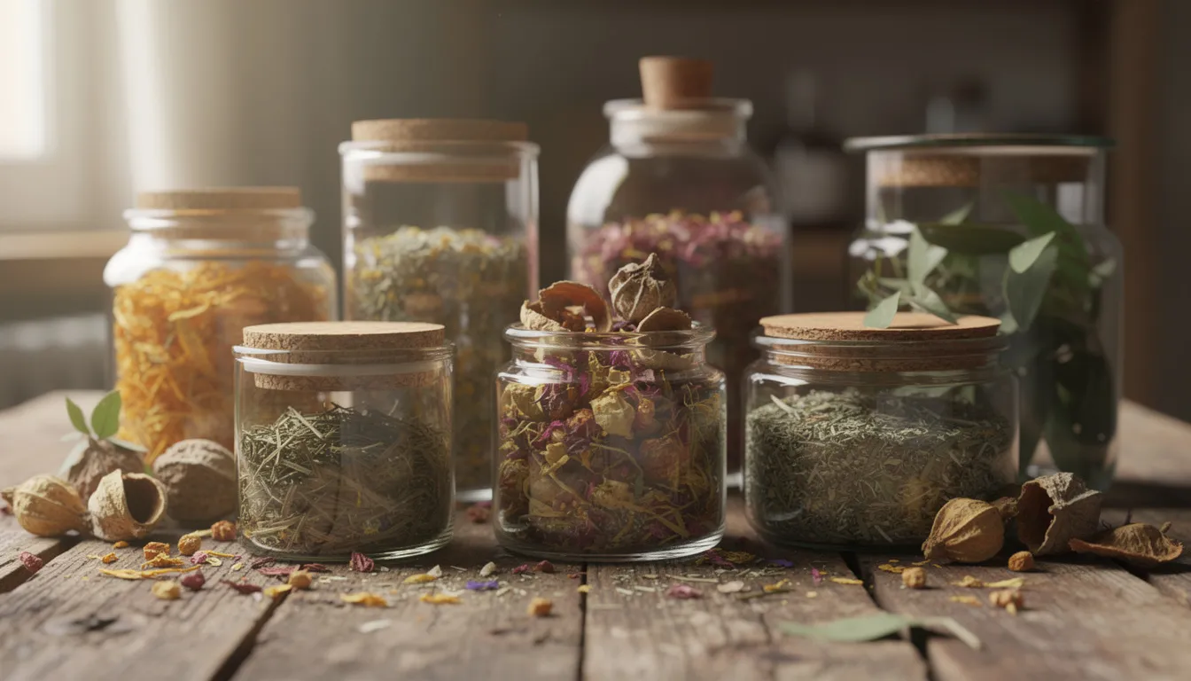 The image features glass jars filled with various botanical ingredients, arranged on a rustic wooden surface illuminated by soft natural light, emphasizing the clean beauty movement and the focus on clean skincare products that are gentle and effective for sensitive skin.
