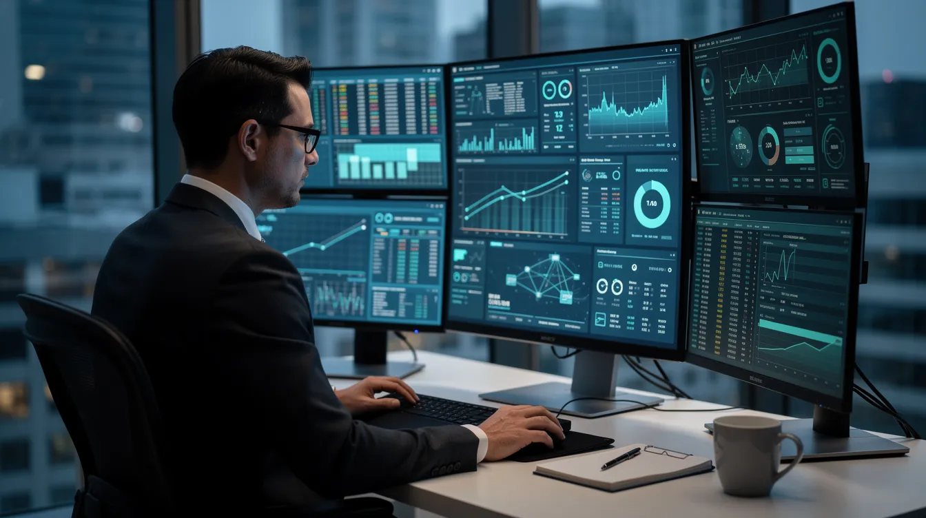 The image depicts a professional intently analyzing multiple computer monitors, each showcasing various security dashboards and data analytics related to sensitive company data. This scene highlights the importance of AI governance and the potential risks associated with unauthorized AI tools in the workplace.