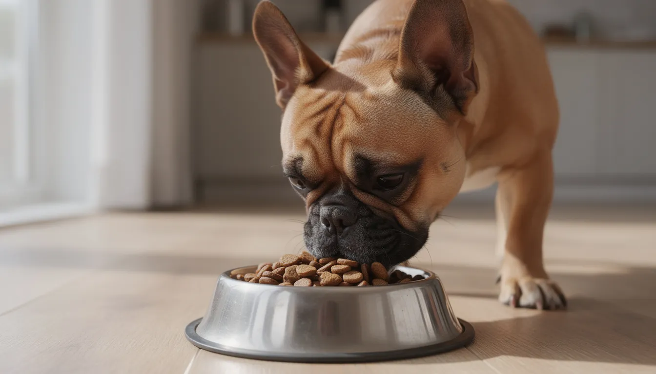 A French Bulldog is happily eating high-quality kibble from a dog bowl, showcasing its distinctive flat face and bat ears. This adorable dog, known for its friendly temperament, is a popular breed among pet parents and is often recognized for its unique traits and health considerations.