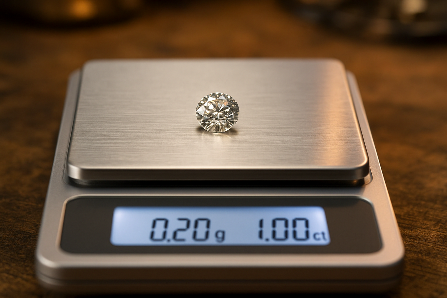 Ant svarstyklių guli tik deimantas, o ekrane aiškiai rodoma/ 0.20 g ir 1.00 ct