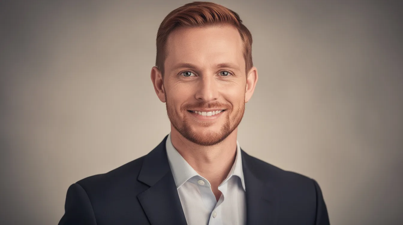 The image features a professional headshot of a friendly male real estate agent in his early-to-mid 30s, with brownish-red short hair and light scruff, dressed in a dark suit and crisp shirt. The neutral blurred background and soft studio lighting enhance his approachable demeanor, making him a reliable choice for homeowners seeking guidance on septic inspections and other property-related services in Connecticut.
