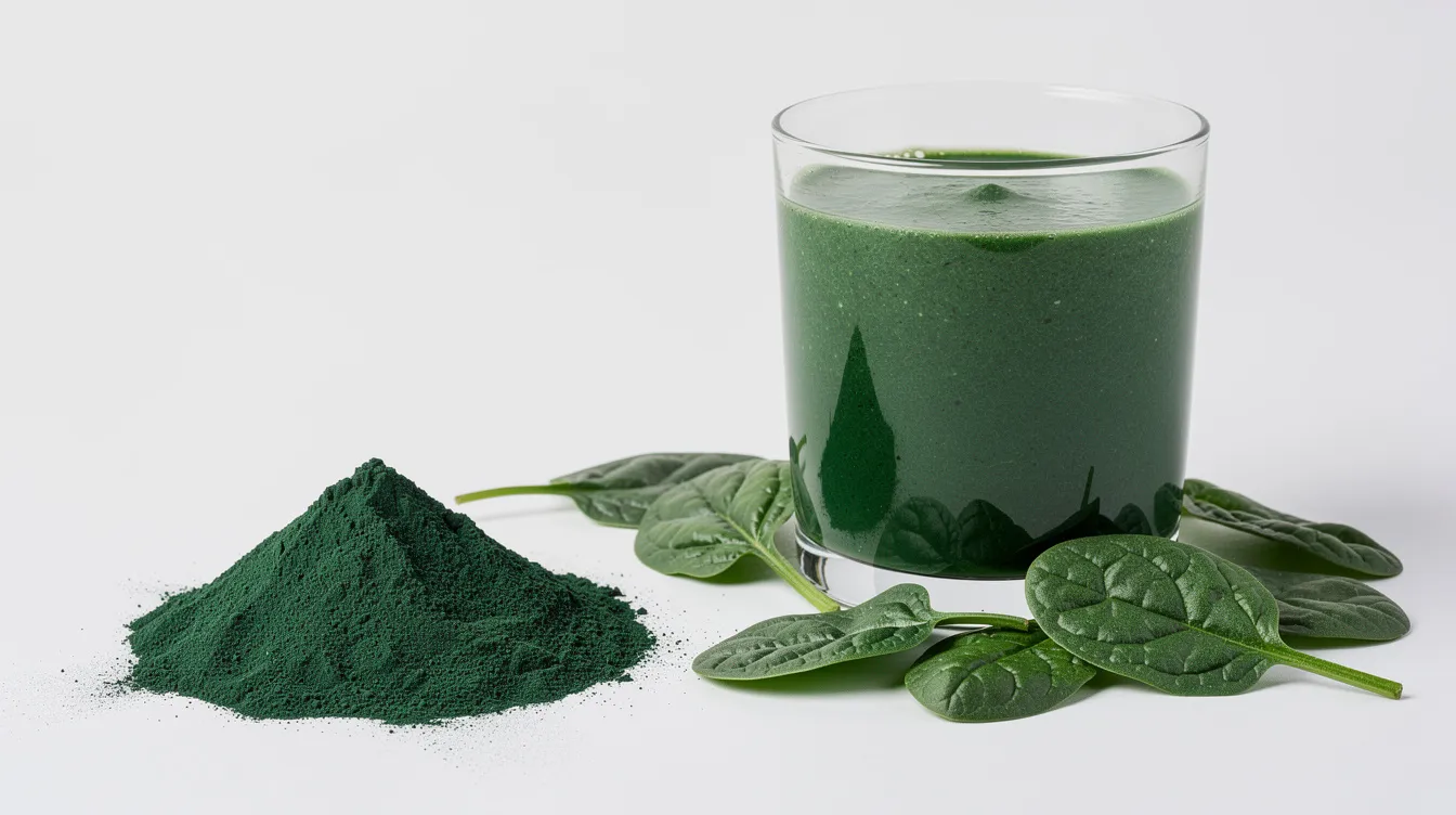 The image features a vibrant green spirulina powder placed beside a glass filled with a green smoothie, which is garnished with fresh spinach leaves. This visually appealing setup highlights elements of a healthy diet, emphasizing the importance of nutrient-rich foods for well-being and muscle recovery.