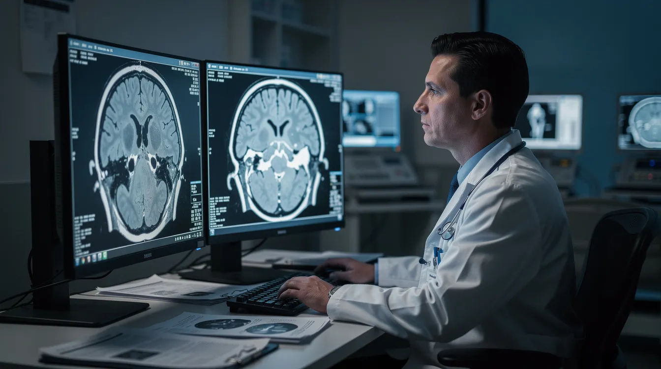 A physician is intently reviewing a brain CT scan, analyzing the images for signs of traumatic brain injury such as brain bleeds or skull fractures. This examination is crucial for assessing potential brain damage in motorcycle accident victims and determining the need for immediate medical attention.