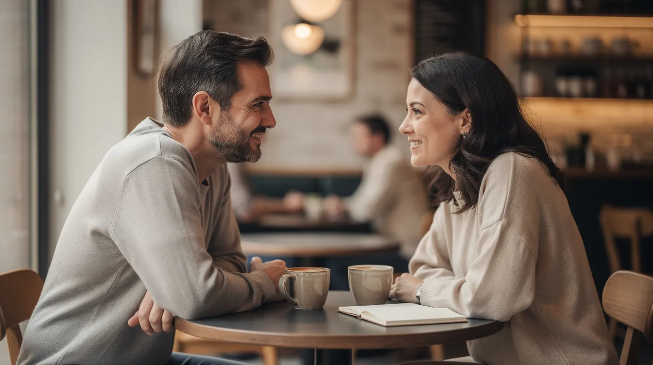 The image depicts a couple, a white woman and her partner, sitting at a table engaged in a calm and meaningful conversation, reflecting the importance of open-mindedness and respect in romantic relationships. Their interaction suggests a shared interest in discussing values related to feminism, gender roles, and the dating life, emphasizing the significance of honest communication in building a supportive partnership.