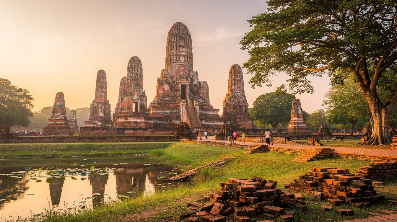 A imagem mostra as ruínas dos templos budistas de Ayutthaya, na Tailândia, com estruturas imponentes e estátuas de Buda cercadas pela vegetação. Este destino histórico é um importante ponto turístico no sudeste asiático, atraindo visitantes em busca de cultura e aventura.