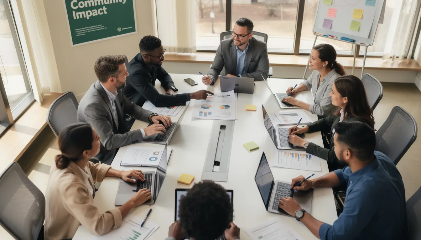 The image depicts a diverse team of nonprofit professionals collaborating around a conference table, equipped with laptops and documents, discussing strategies for charitable solicitation and compliance with state laws. Their teamwork emphasizes the importance of understanding registration requirements and fundraising regulations to effectively support charitable organizations and their missions.