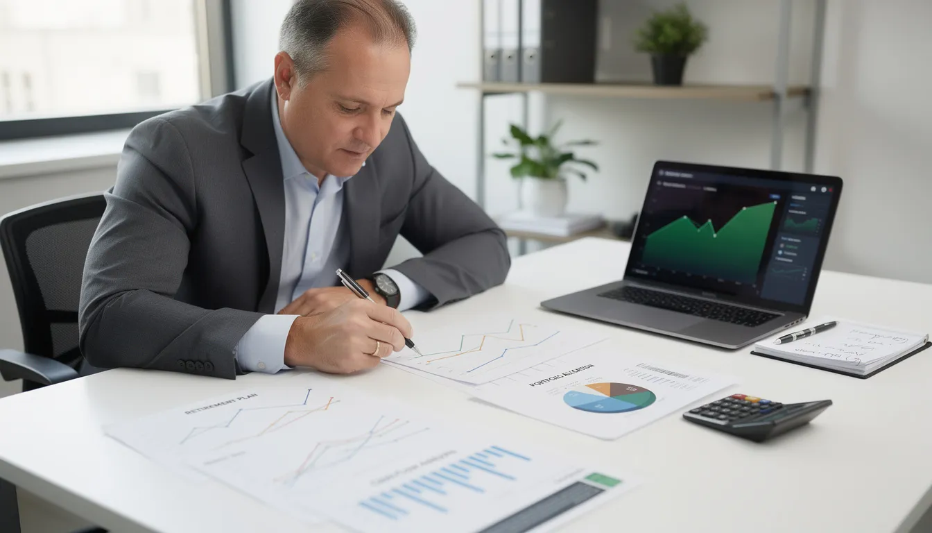 A business owner sits at a desk, intently reviewing financial charts and retirement planning documents, including details on 401(k) plans, employer contributions, and investment options. The scene reflects the importance of retirement savings plans and informed decision-making for financial well-being.