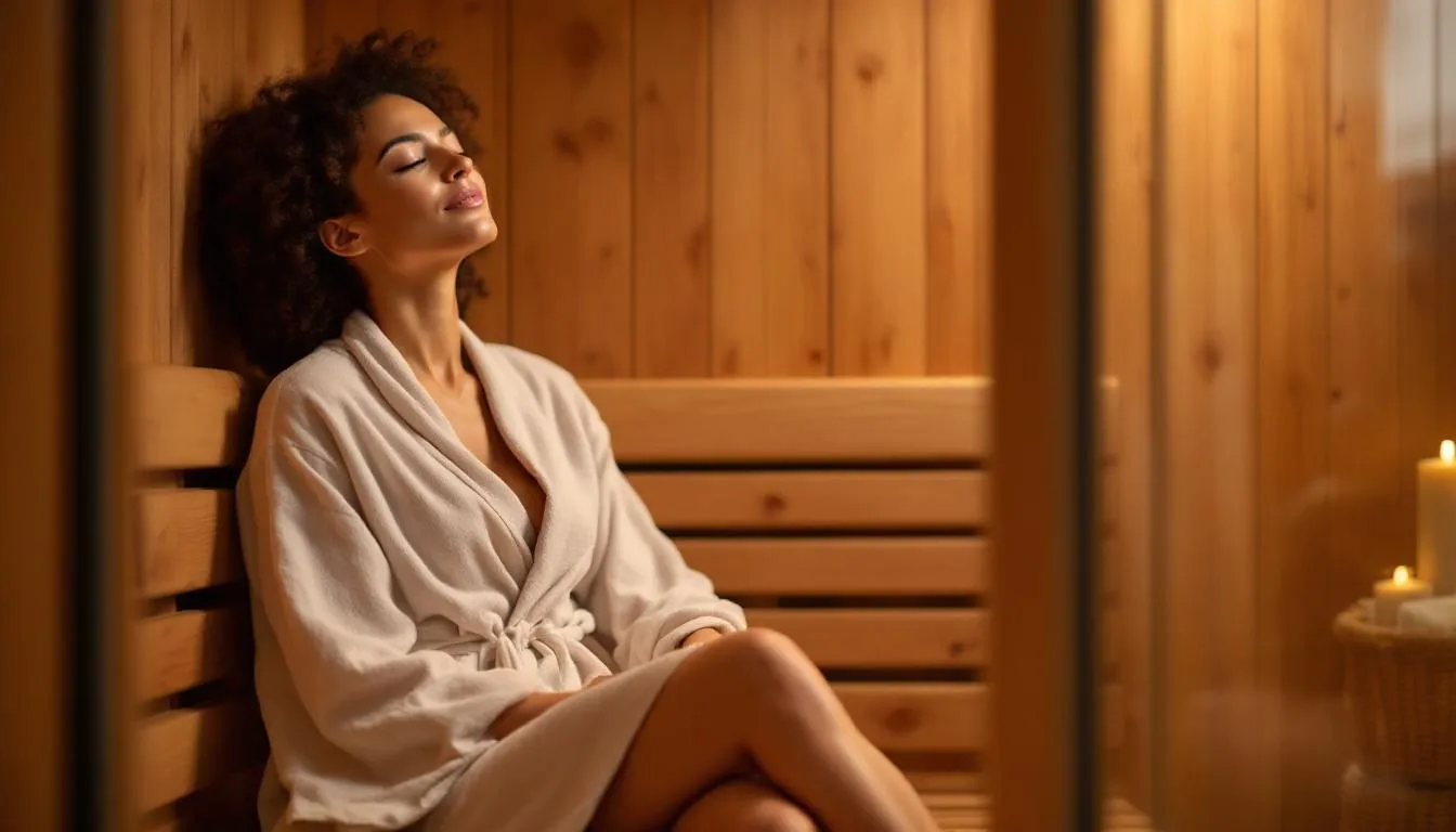A person is seen relaxing peacefully inside a home infrared sauna, surrounded by warm, radiant heat that promotes relaxation and wellness. This infrared sauna therapy offers numerous health benefits, including improved circulation and stress relief, while debunking common sauna myths about traditional saunas.