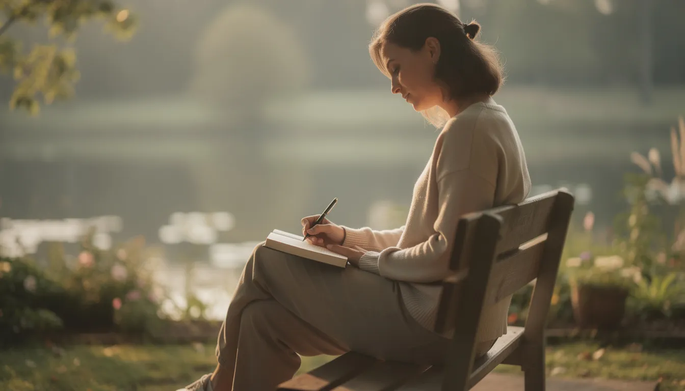 A person sits quietly in a serene environment, writing in a journal with a pen, reflecting on their thoughts. This peaceful moment suggests a focus on mental clarity and a healthy lifestyle, potentially enhanced by nmn supplementation for improved focus and energy production.