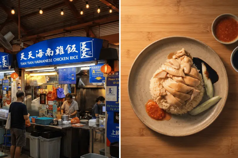 A split view showing the storefront of Tian Tian Hainanese Chicken Rice with its blue sign and a customer waiting, alongside an overhead shot of a plated serving of sliced chicken and rice with dipping sauces.
