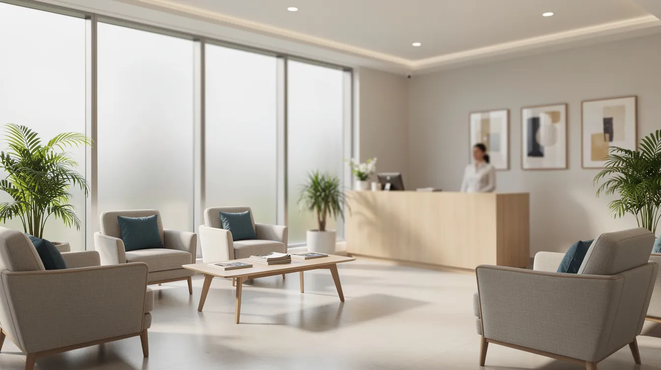 The image depicts a serene medical clinic interior featuring comfortable seating designed to promote a calming atmosphere for patients. The space emphasizes a focus on health and wellness, possibly related to healthy aging and cellular health, creating an inviting environment for discussions on topics like NAD supplementation and regenerative medicine.