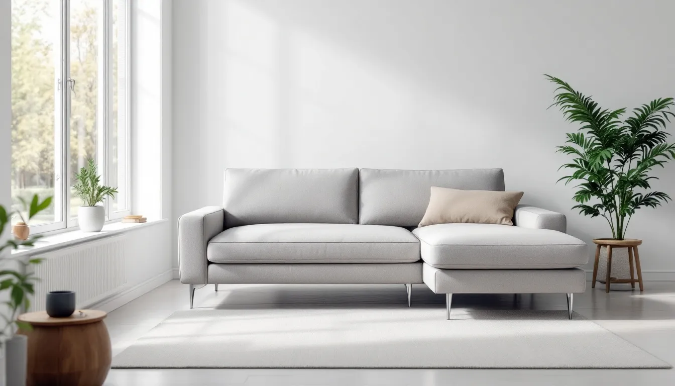 A modern two-seater chaise sofa in light grey fabric is elegantly positioned in a bright living room with white walls, creating a stylish and inviting space for relaxation. This compact piece of living room furniture offers ample seating and extra comfort, making it ideal for unwinding after a long day.