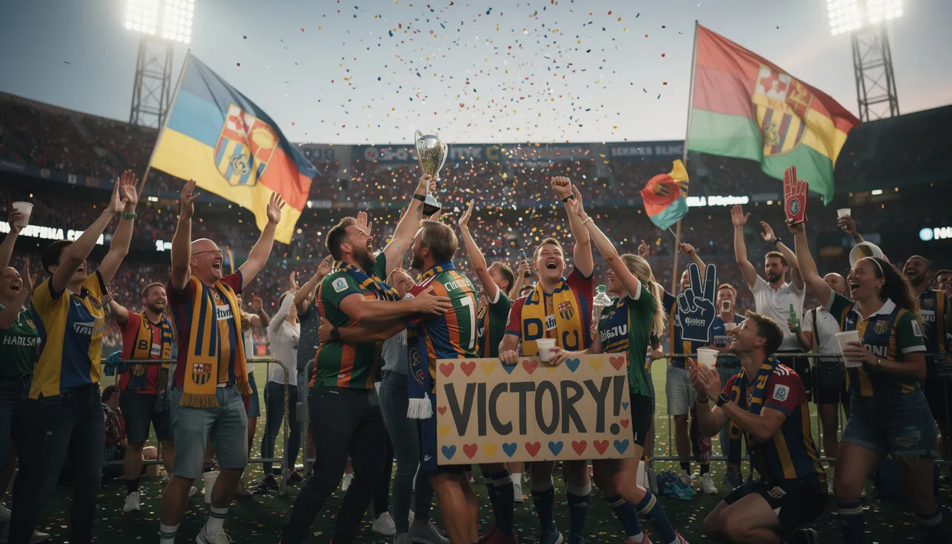 En grupp glada människor firar en vinst på en sportevenemang, med höga rop och skratt. De har just spelat hos Nordicbet och njuter av sin framgång tillsammans.