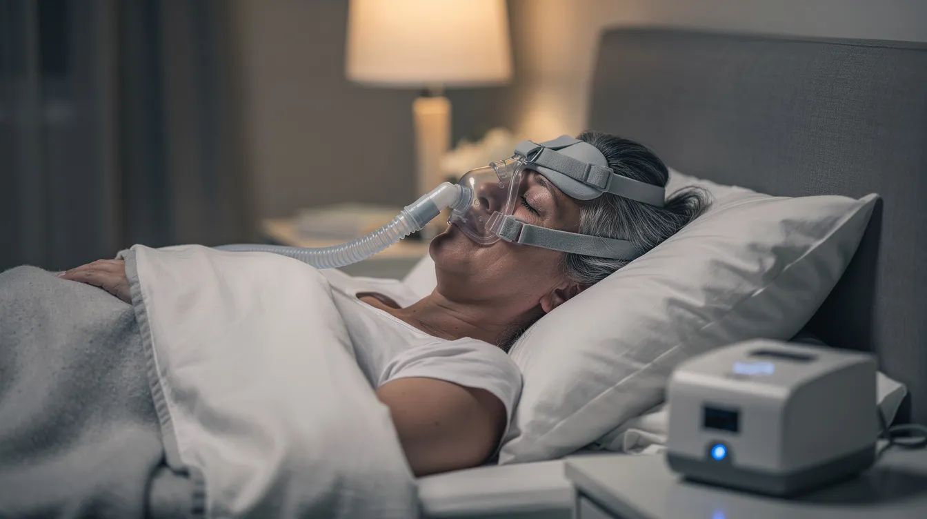 A person is peacefully sleeping while wearing a CPAP mask, which helps improve their sleep quality and manage sleep disorders. This image highlights the importance of healthy sleep habits for overall health and weight management.