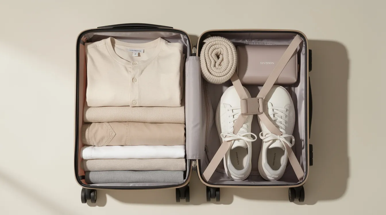 A small carry-on suitcase is neatly packed with a selection of neutral clothing items, including a white shirt, tailored trousers, and a pair of white trainers, showcasing a stylish capsule wardrobe for women. This collection emphasizes high-quality pieces that can effortlessly mix and match for various occasions.