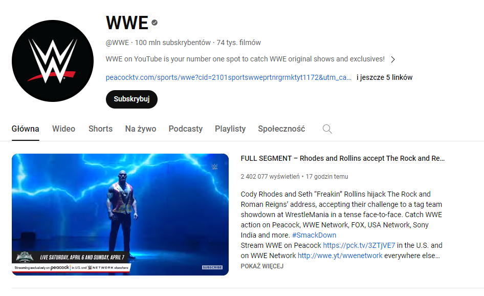 Kanał na YouTube WWE.