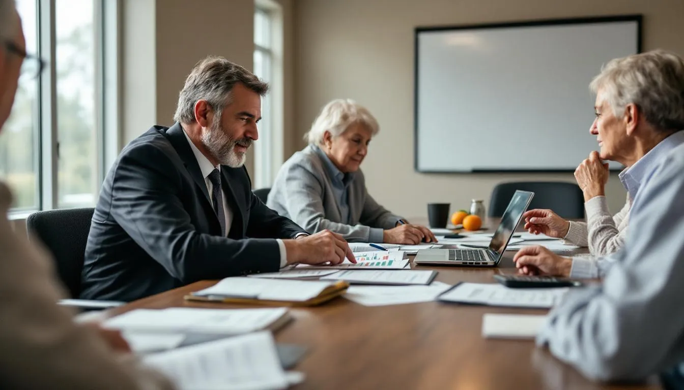 A professional financial advisor is seated at a conference table with a group of Arkansas retirees, discussing important documents and using calculators to analyze their financial plans, including taxes and healthcare benefits. The meeting emphasizes the value of tailored financial services for diverse age groups in the United States.