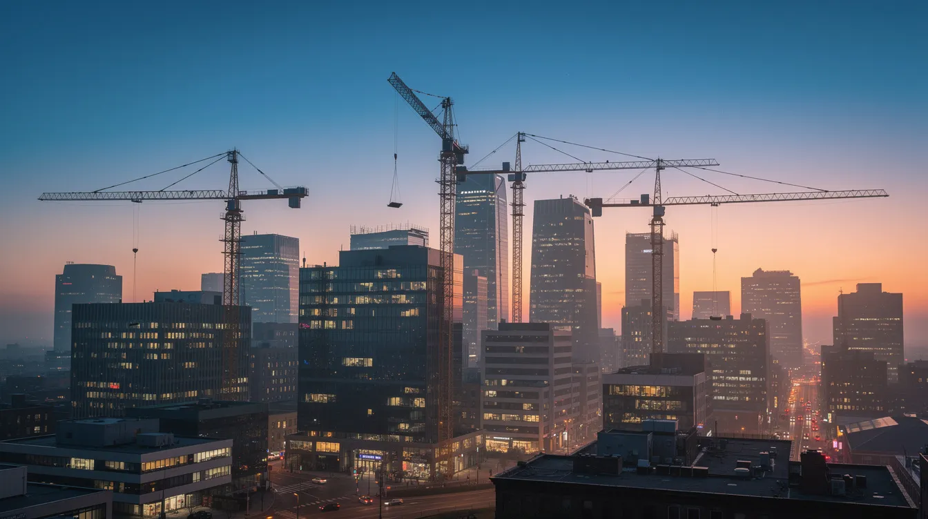 The image depicts a city skyline at dusk, with numerous construction cranes silhouetted against the colorful sky, highlighting the ongoing development in the construction industry. This scene reflects the vibrant growth of local businesses and the importance of effective SEO strategies for construction companies to enhance their online visibility and attract qualified leads.