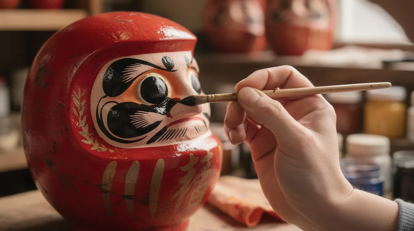 The image shows a close-up of an artisan's hands meticulously painting the face of a bright red daruma doll, a traditional symbol of perseverance and good luck in Japanese culture. The workshop setting highlights the craftsmanship involved in daruma production, emphasizing the deep meaning and cultural significance of these lucky charms.