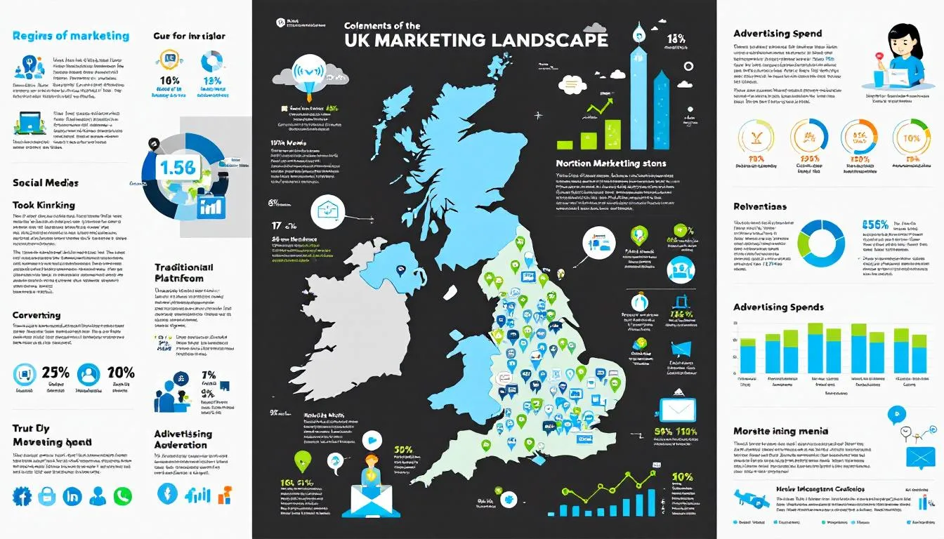 The image depicts a comprehensive overview of the UK marketing landscape, highlighting various aspects such as digital marketing, influencer marketing, and the role of creative agencies. It emphasizes the importance of strategic thinking and data-driven marketing in developing effective advertising campaigns and engaging target audiences through integrated campaigns across digital channels.