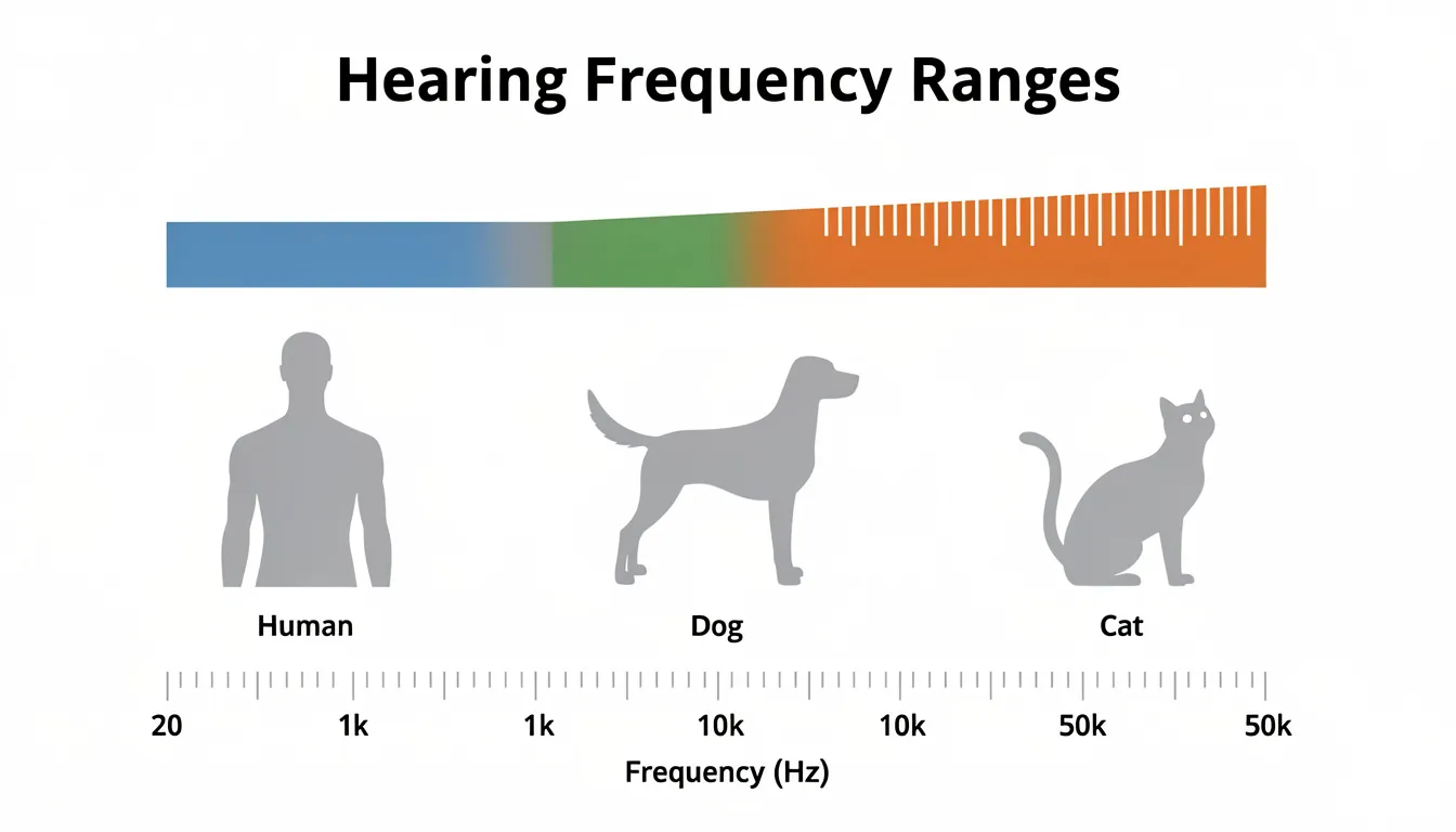 The diagram illustrates the hearing frequency ranges of domestic cats, humans, and dogs, highlighting how cats can hear high-pitched sounds much better than both humans and canines. It emphasizes the sensitive nature of a cat's ears, which are finely tuned to detect sounds from prey and communicate with their feline friends.