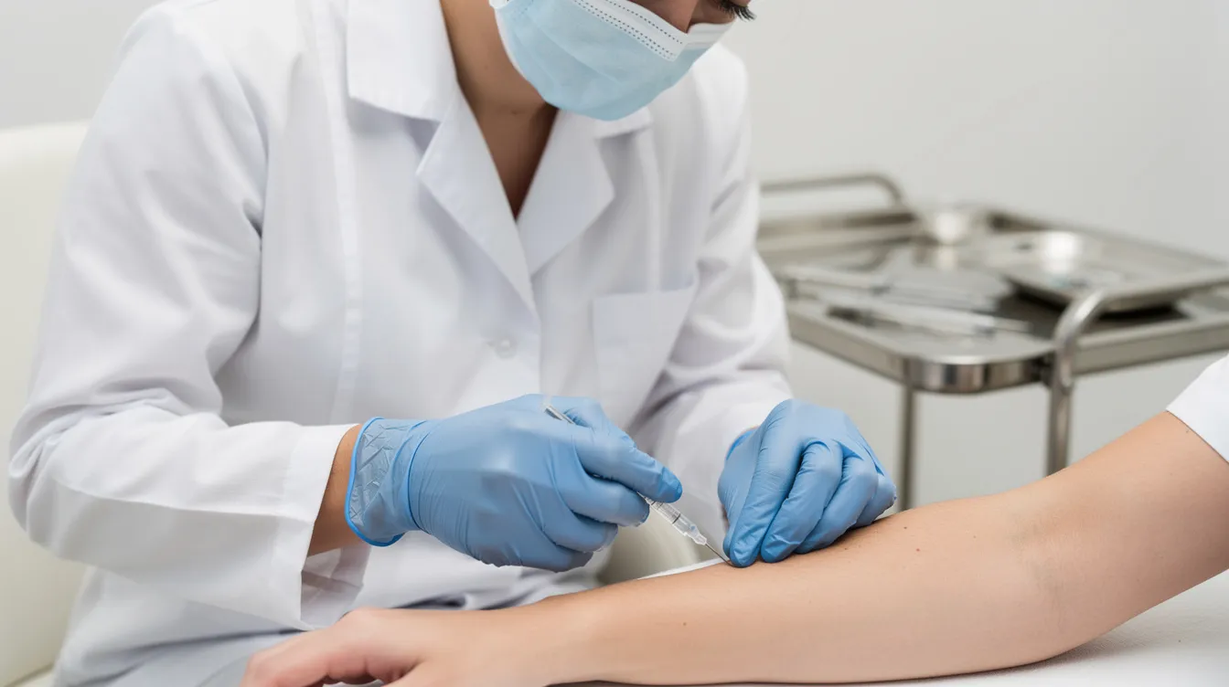 A medical professional in gloves is performing a minor skin procedure on a patient's arm in a clean clinical room, focusing on the removal of a mole. The setting emphasizes a sterile environment, highlighting the importance of safe mole removal procedures for skin health.