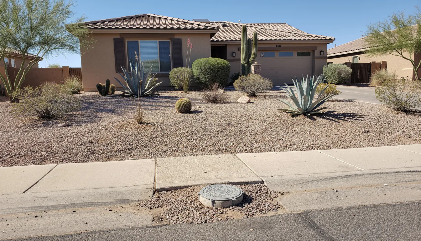 The image depicts a desert residential landscape featuring a visible water meter cover near the curb, indicating the main water line's location. This setting may suggest potential plumbing issues that could require professional help from a licensed plumber to ensure proper drainage and avoid further damage.