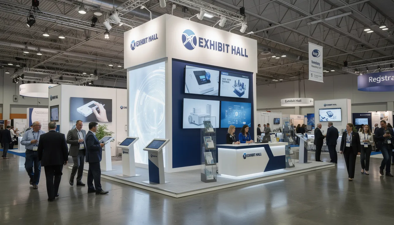 A bustling trade show exhibit display showcases a large, eye-catching booth surrounded by visitors engaging with various exhibitors. The vibrant atmosphere on the trade show floor highlights the importance of effective trade show booth design and the role of skilled booth builders in creating a lasting impression.