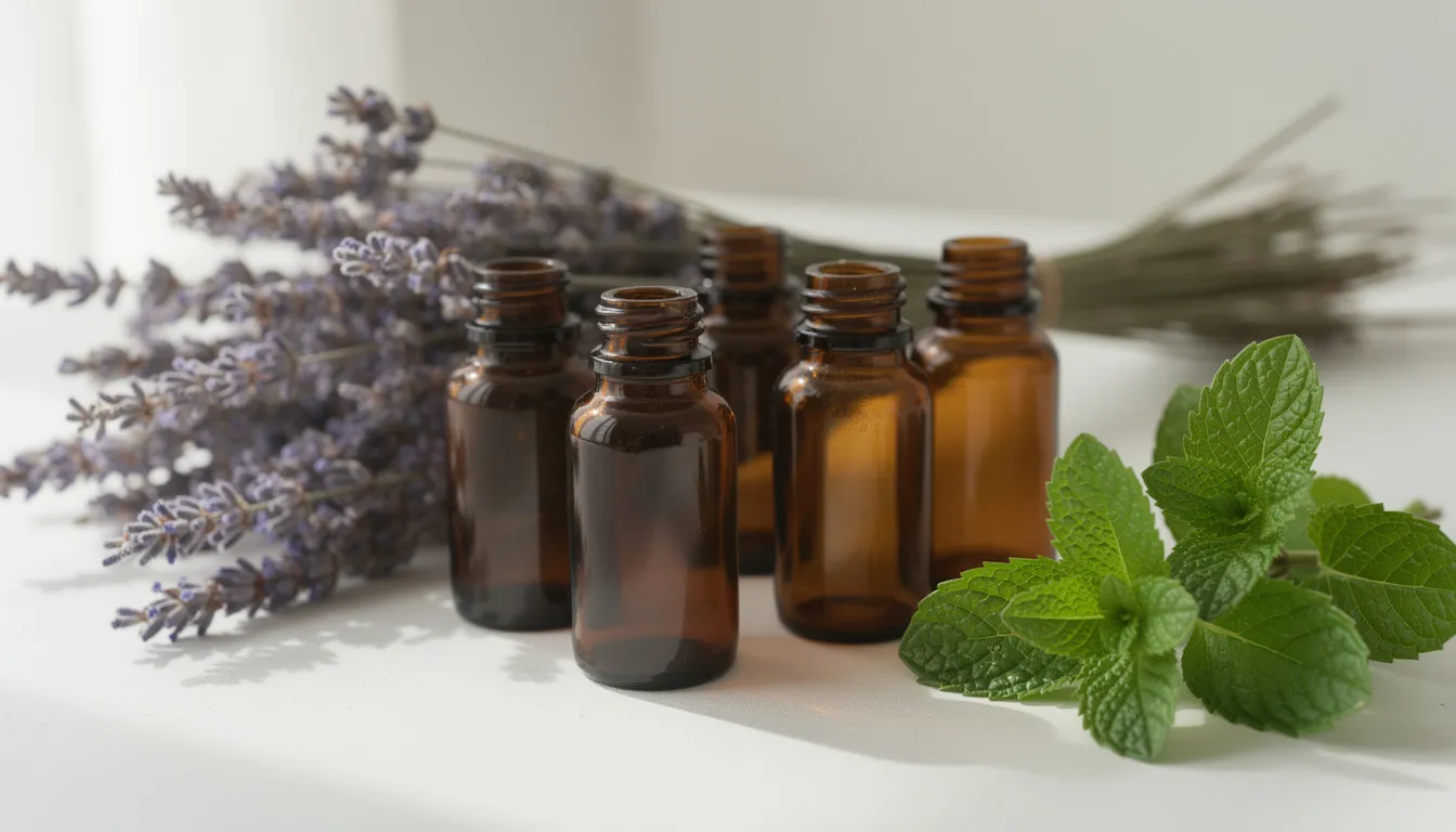The image features amber glass bottles filled with fragrant essential oils, surrounded by dried lavender sprigs and fresh peppermint leaves on a light surface. This arrangement suggests a natural approach to skincare, ideal for creating homemade sunburn spray or soothing after sun spray recipes.