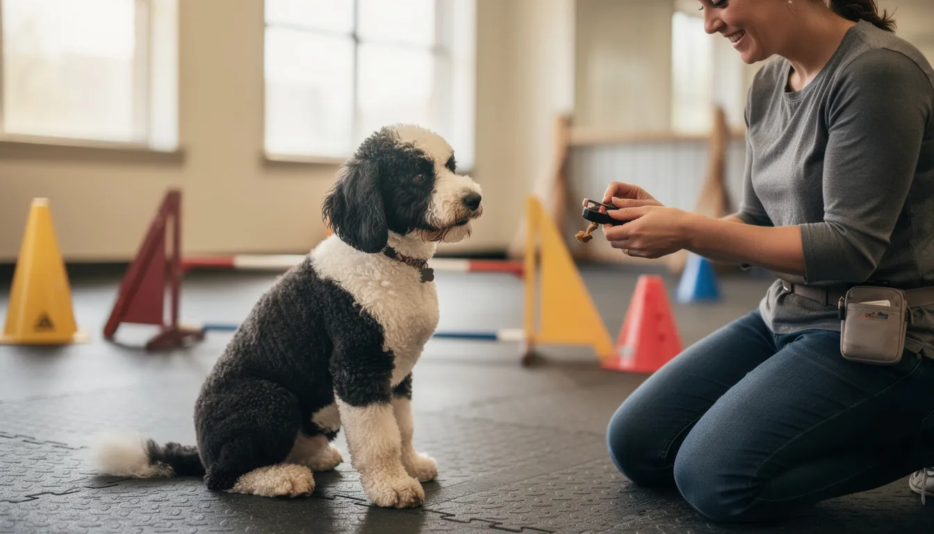 A playful Sheepadoodle puppy, with a fluffy black and white coat, is participating in a training session focused on positive reinforcement methods. The session emphasizes proper training techniques to nurture the common Sheepadoodle temperament, making it an ideal family dog that loves kids and enjoys mental stimulation.