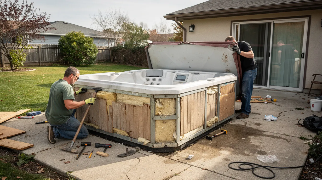 An old hot tub is being dismantled on a backyard patio, with pieces of the structure scattered around, illustrating the process of junk removal. This scene highlights the hard work involved in clearing unwanted items, emphasizing the importance of responsible disposal practices for homeowners in Connecticut.