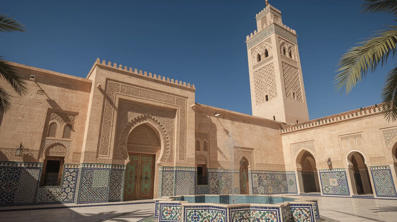 The image depicts a traditional Moroccan mosque adorned with intricate geometric tilework and a tall minaret, set against a clear blue sky. This religious site reflects Morocco's rich Islamic heritage as a Muslim majority country, showcasing the country's architectural beauty and cultural significance within the Arab world.