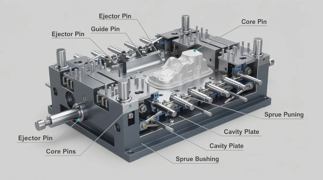 The image showcases various critical mold components used in the injection molding process, including ejector pins and core pins. It highlights the placement and function of black ejector pins, which push molded parts out of the mold cavity, while also illustrating aspects like pin diameter and the design concerns related to part ejection.