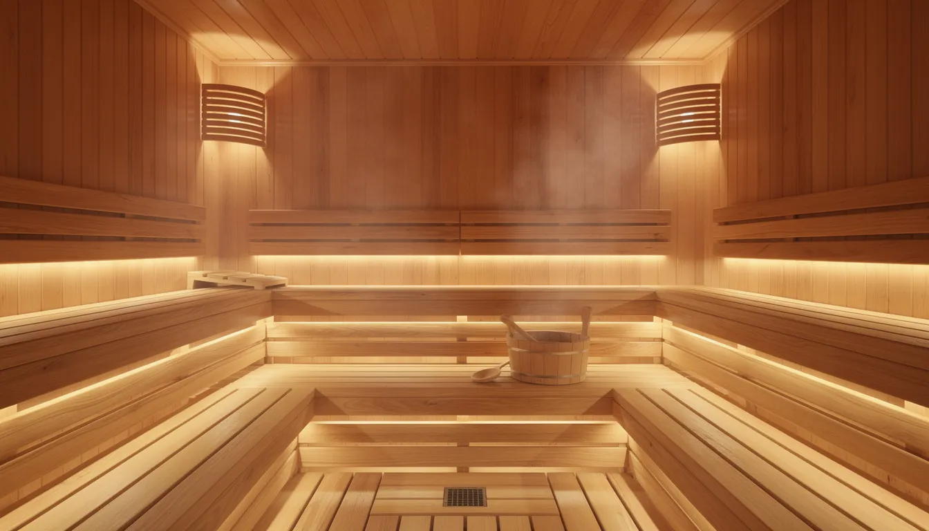 The image depicts the interior of a well-maintained seasoned outdoor traditional sauna, featuring smooth cedar benches and soft lighting that creates a warm ambiance. The space is clean and designed to allow proper air flow, which is essential for preventing mold growth and maintaining optimal conditions for your next sauna session.