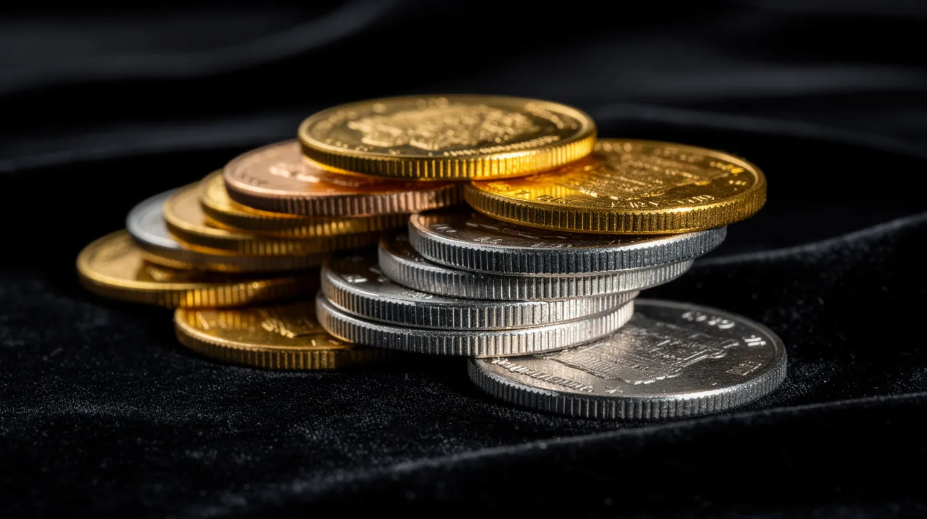 A stack of gold and silver bullion coins is elegantly arranged on a dark velvet surface, showcasing the beauty of precious metals. Among the coins, you can see distinct designs such as the lion gold coin and silver Canadian polar bear, representing valuable physical assets ideal for investment portfolios and retirement accounts.