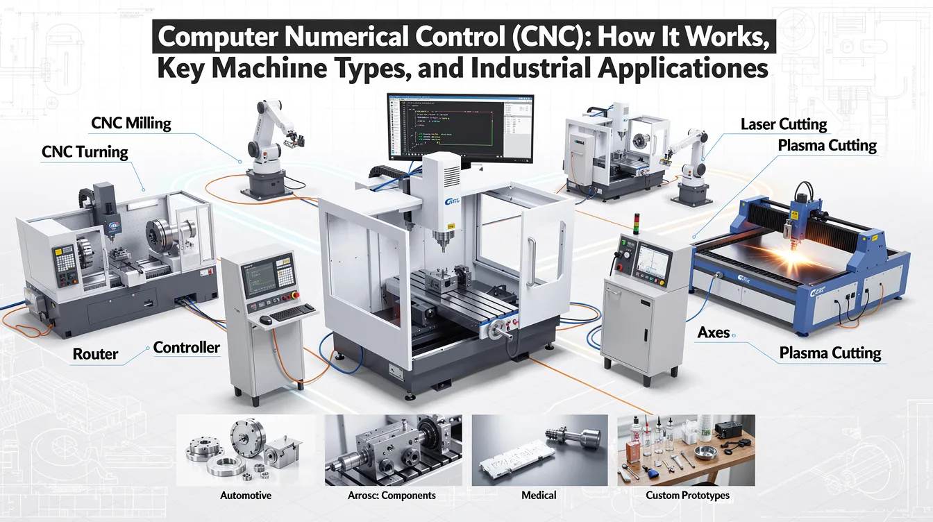 The image illustrates various types of Computer Numerical Control (CNC) machines, including CNC lathes and CNC milling machines, showcasing their role in automating machining processes for high precision manufacturing. It highlights the integration of CAD and CAM software, which enables CNC machinists to create complex shapes and execute programmed instructions efficiently in modern industrial production.