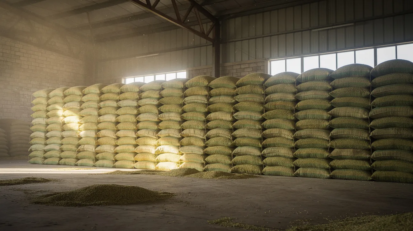 cb217ed2 6691 4bb2 b144 1d5078df3d1a The image shows stacked bags of raw paddy stored in a well-lit warehouse, highlighting the essential raw materials for a poha manufacturing unit. This setup reflects the critical inventory needed for food processing and the manufacturing process involved in producing rice flakes.