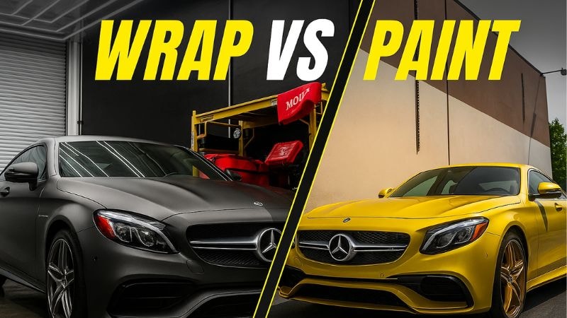 Side-by-side comparison of painted and wrapped Mercedes