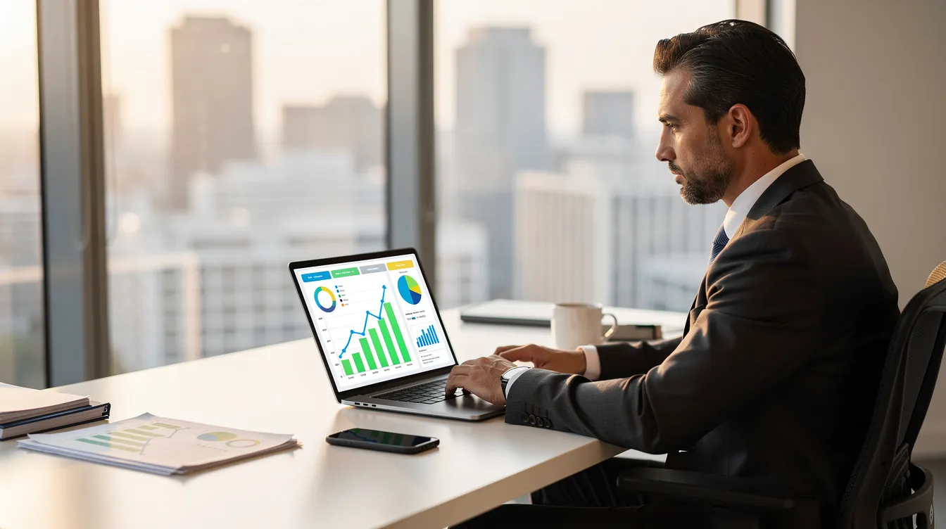 A business owner is sitting at a desk in an office, intently reviewing analytics on a laptop, focusing on data that likely includes keyword rankings and website traffic metrics. This scene reflects a commitment to improving the site's SEO performance and digital marketing strategy for better search engine visibility.