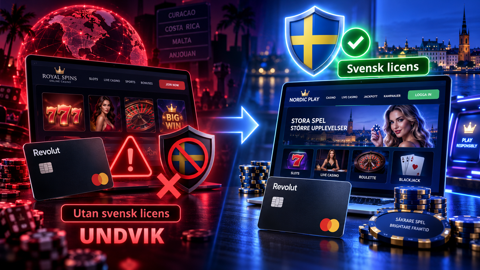 Illustration som jämför utländska Revolut casinon utan svensk licens med svenska licensierade casinon och visar varför det är viktigt att kontrollera licensen för att spela säkrare.