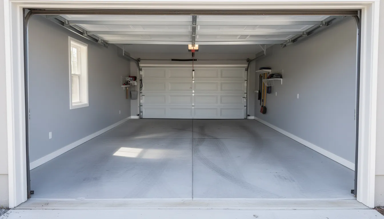The image depicts a freshly cleared and swept garage, showcasing a spacious and organized area ready for a real estate showing. This clean space highlights the efficiency of reliable cleanout services, making it ideal for property managers and potential new tenants looking for a clutter-free environment.