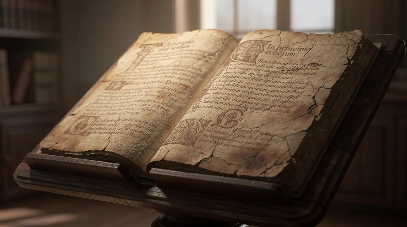 An open ancient manuscript with Latin script is displayed on a wooden lectern, showcasing essential beliefs of the Christian faith, such as the Apostles' Creed and Nicene Creed, which serve as formal statements of faith in the early church. The aged parchment evokes a sense of history and tradition within the Christian community.