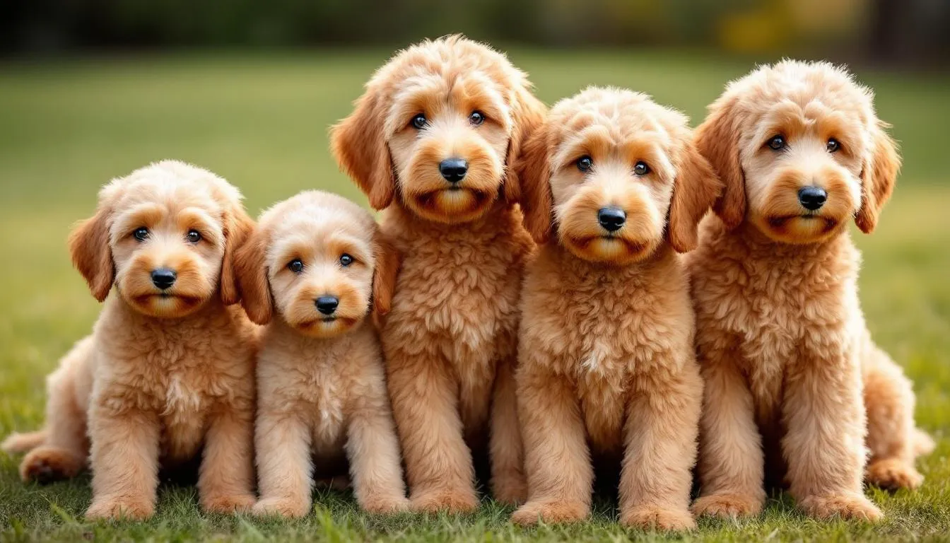In the image, a group of Goldendoodles of various sizes, including a toy, mini, and standard, are sitting together, showcasing the size variations within the breed. Their fluffy, hypoallergenic coats and friendly expressions highlight their playful nature, making them a popular choice for families looking for a furry friend.