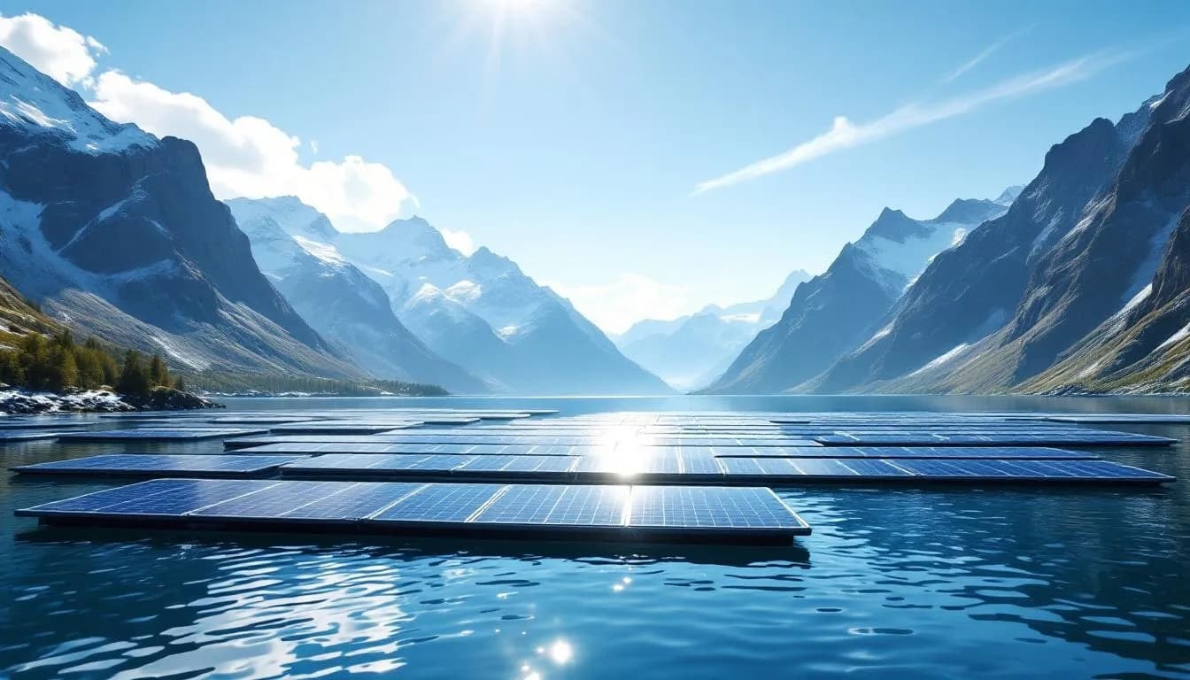Das Bild zeigt schwimmende Photovoltaikanlagen auf einem ruhigen See, umgeben von majestätischen Bergen im Hintergrund. Die Solarmodule nutzen Sonnenstrahlung zur Stromerzeugung und tragen zur nachhaltigen Energieversorgung bei.